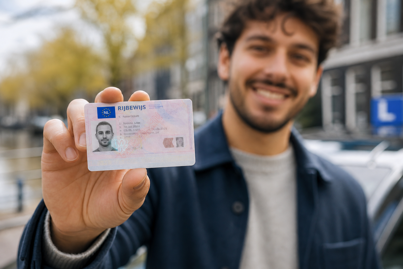 Happy learner holding a mock Dutch driving licence on an Amsterdam street